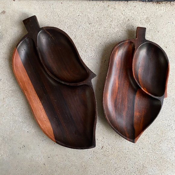 Other - 2 PC Two Toned Sectioned Wooden Leaf Trinket Trays